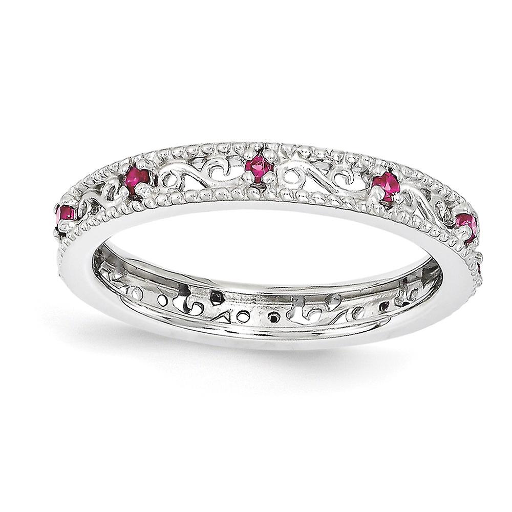 3mm 925 Sterling Silver Polished Prong set Stackable Created Ruby Ring-Stackable-Ring for Women - Ring Size: 5 to 10