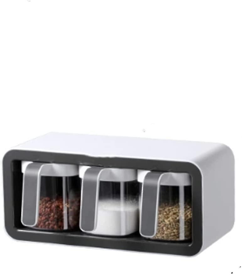 Wall Mounted Spices Boxes, 3 Grids Seasoning Box Transparent Seasoning Box, Condiment Jars With Spoons, Space-saving Household Kitchen Shelf Combined