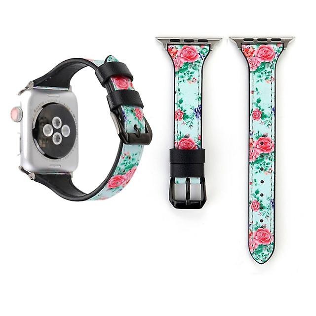 Floral shape Genuine leather watchband with stainless steel buckle for Apple Watch series 3 and 2 and 1 38 mm (green)