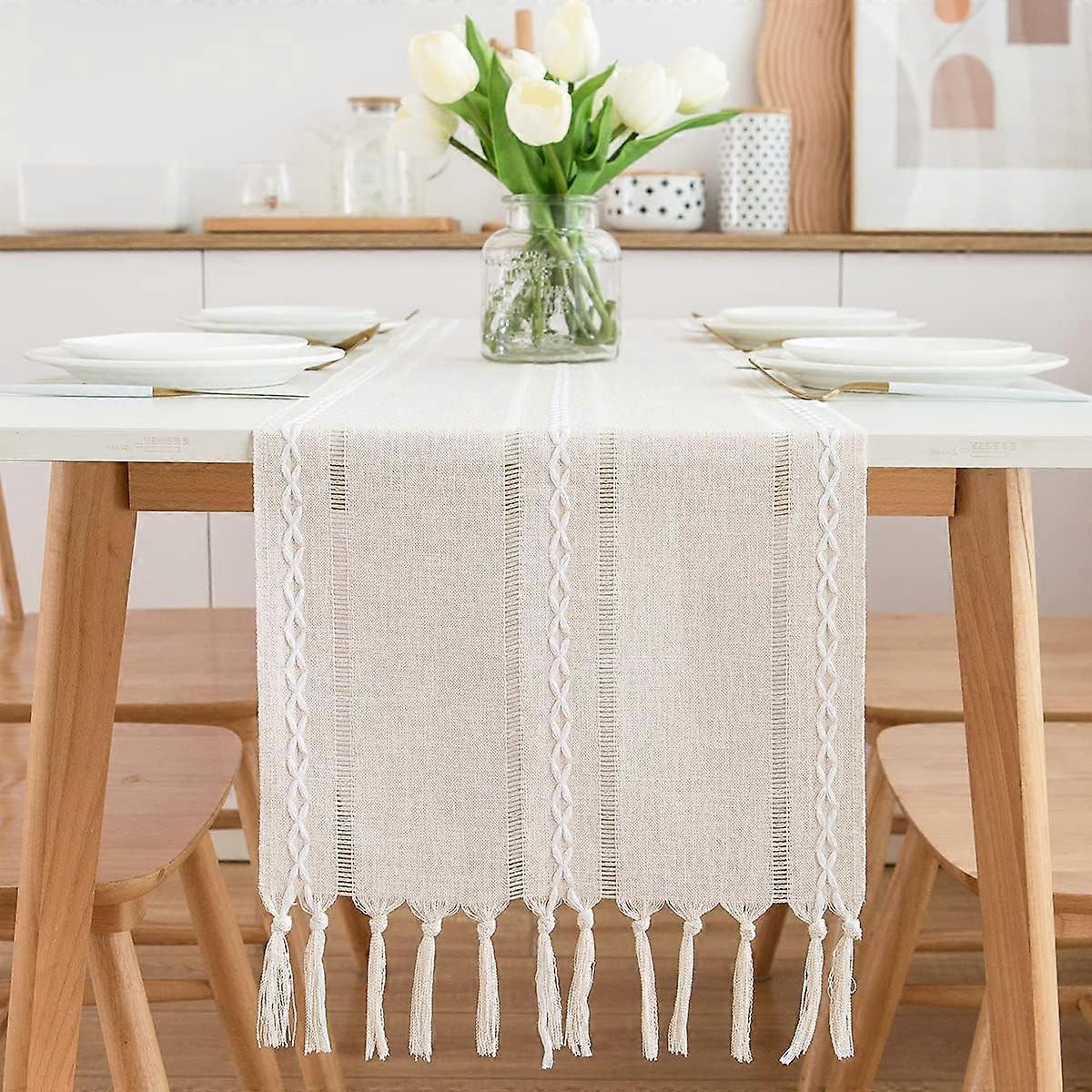 Beige Table Runner, Country Style Table Runner with Tassels 228x32cm