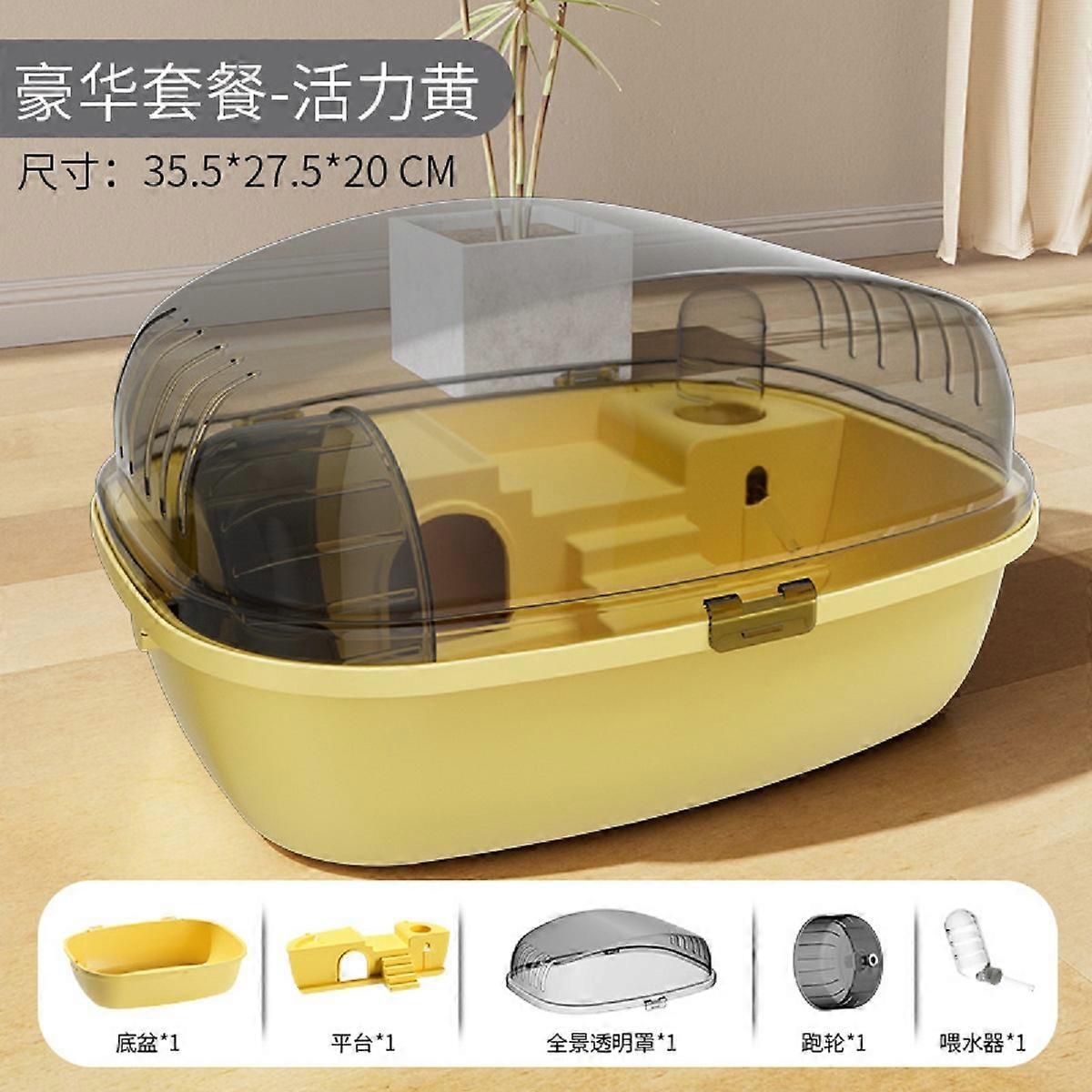 Hamsters Cage, Portable 360 Viewing Ventilated Cages with Villas, Exercise Wheels, for Hamsters, Rats, Dwarf Hamsters, Gerbils, Guinea Pigs (Yellow)