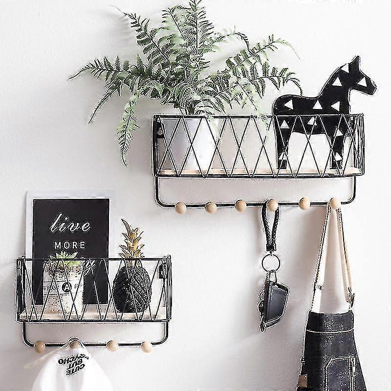 Entryway Rack Creative Simple Wrought Iron Grid Wall Mount Storage Shelf Hooks Key Sorter Organizer