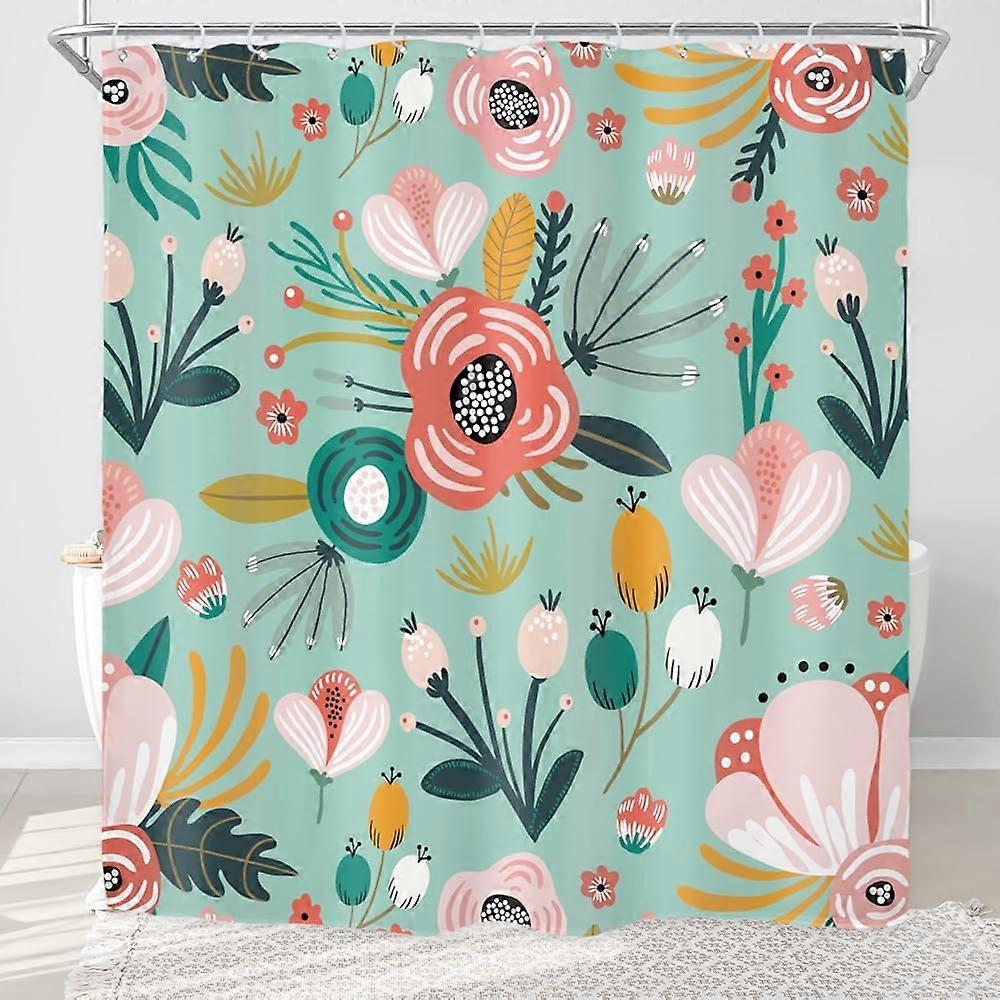バスルームの装飾のためのグリーンピンクの花のシャワーカーテン72Wx72H自由奔放に生きる花熱帯の葉春植物アートプリント生地ポリエステル