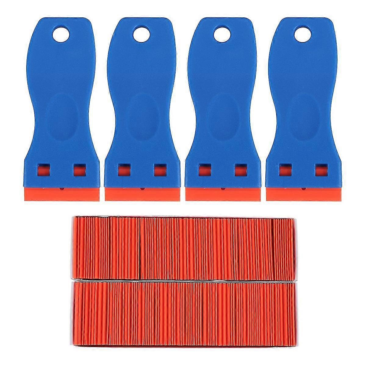 4 Pcs Plastic Blade Scraper And 200 Pcs Blades, Remove Label Decal Tool For Stickers, Gaskets And Paints On Window