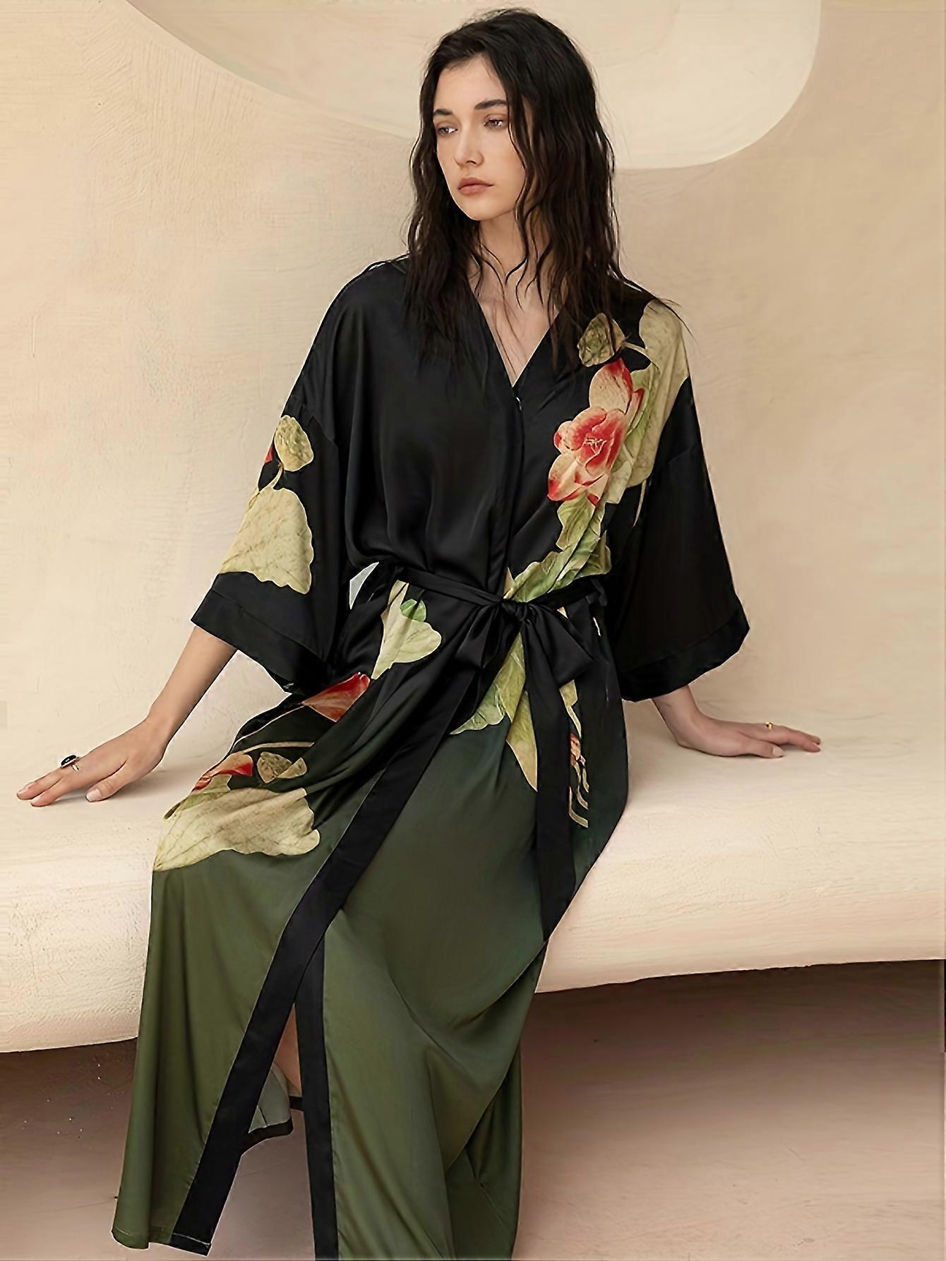 New style Plus Size Elegant Nightgown, Women's Plus Ombre & Floral Print Long Sleeve Open Front Smooth Belted Bathing Robe
