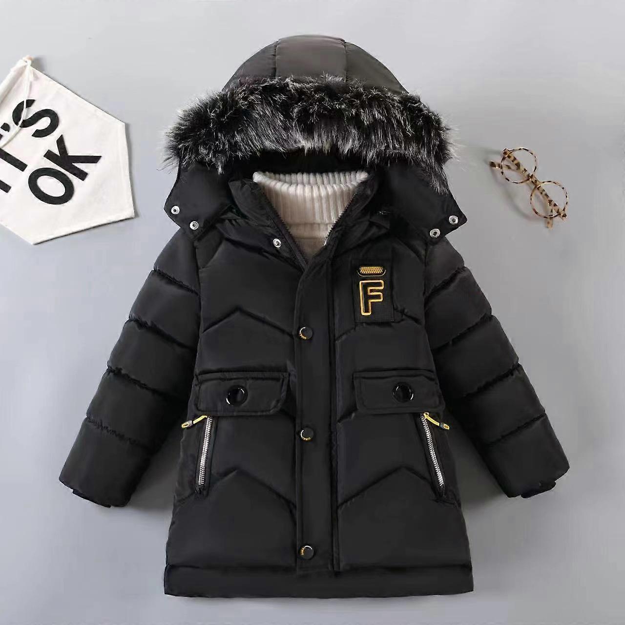 2023 New Style Winter Keep Warm Boys Jacket Letter F Fashion Lining With Plush Fur Collar Hooded Heavy Coat For Kids