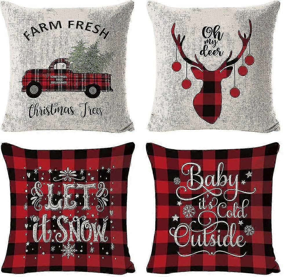 Pillow Covers 4 Pack Christmas Tree Snowflake Reindeer Linen Pillow Cases 18inch