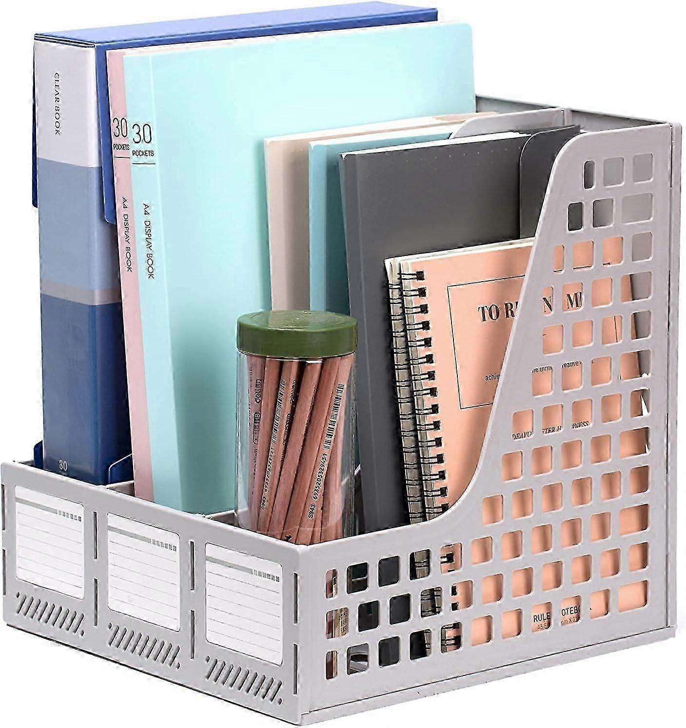HEYTEA Vertical Desk Organizer, Magazine File Holder with 3 Large compartments, Desktop Accessories for Home and Office Storage