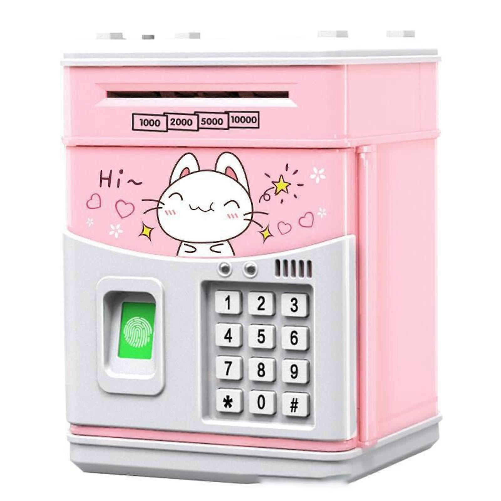 Music Simulation Fingerprint Deposit Box Automatic Money Rolling Password Box for Kids - Happy Cat Design