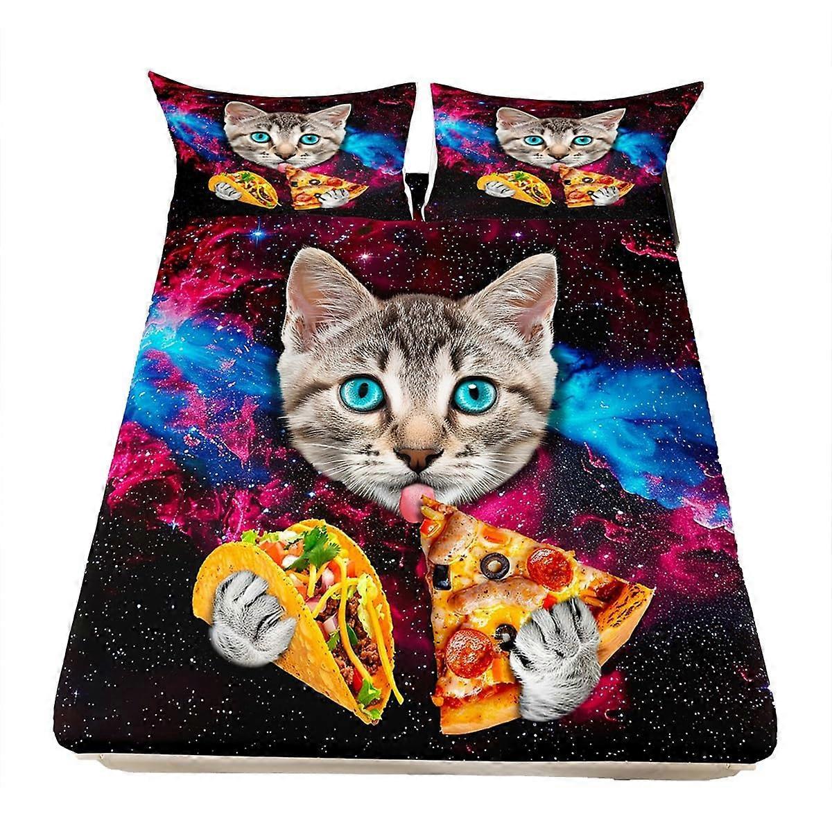 Galaxy Cat Bedding Full Size Set for Kids - Colorful Cat Print Bed Sheets with Fitted Sheet and Pillowcases, Soft Multi 37 Full (54"x75")