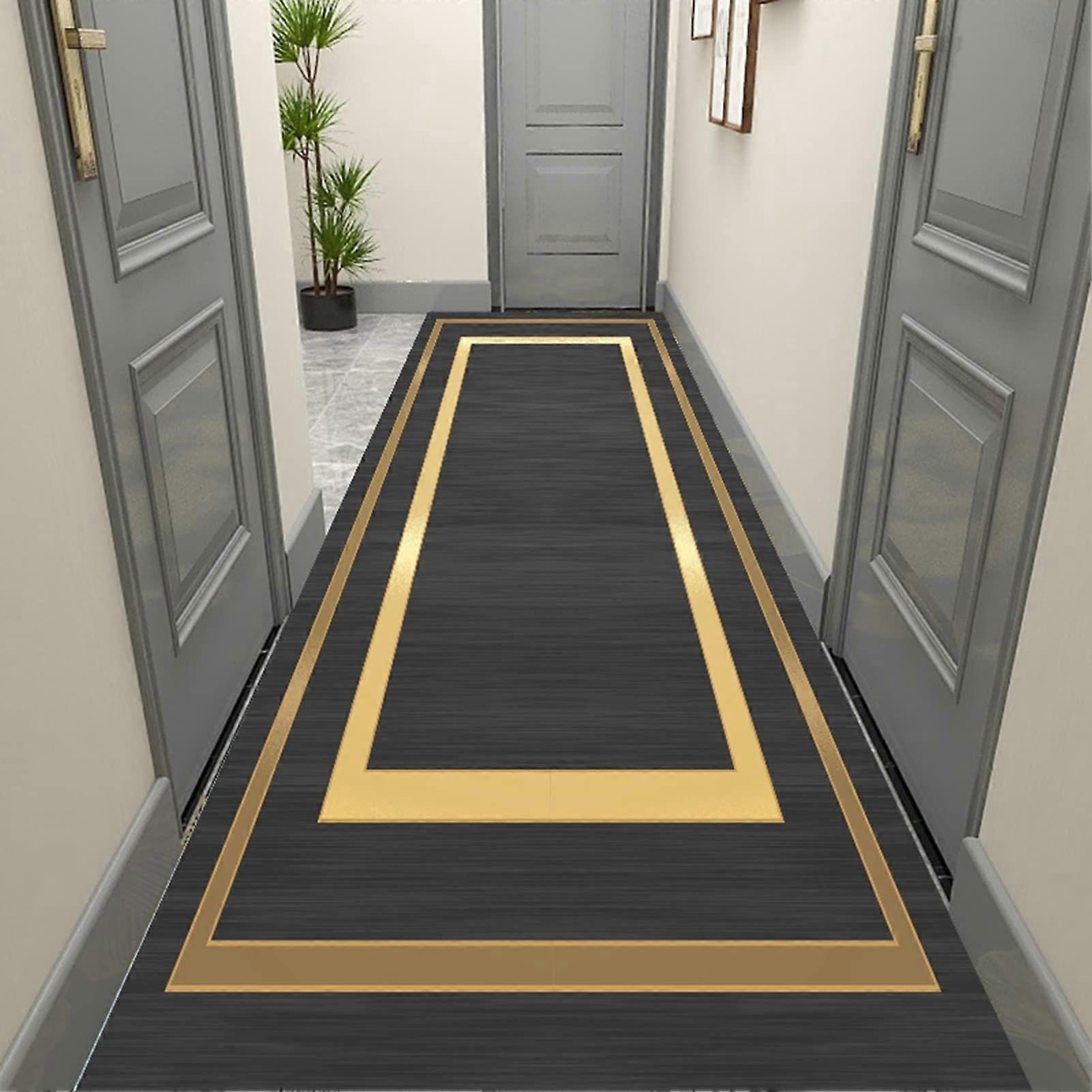Runner Rug Nordic Style Black Carpet Mat with Gold Border for Narrow Hallways, Machine Washable, Multiple Sizes Available