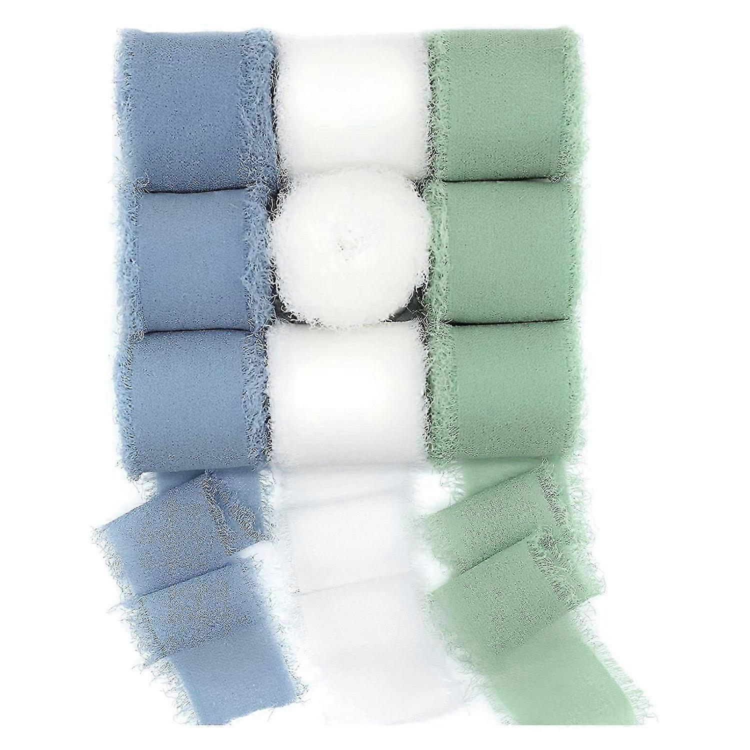 9 Rolls Handmade Chiffon Ribbon Fringe Silk Like Ribbon, Cream White Sage Green Dusty Blue Frayed R