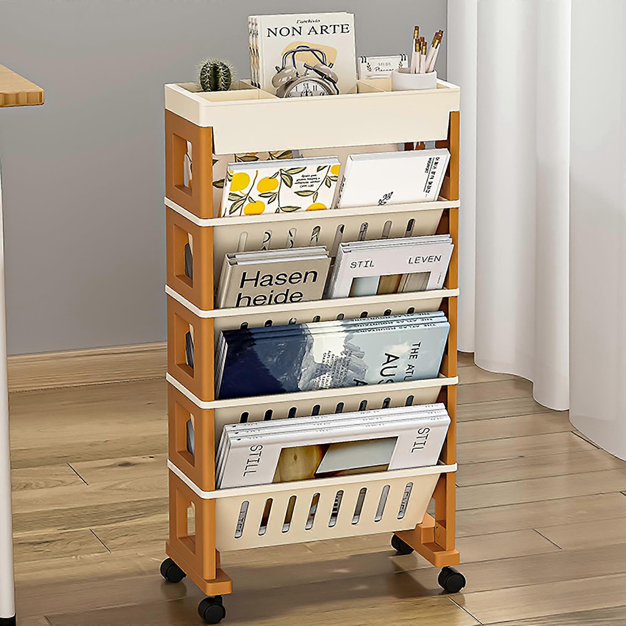 5 Tier Book Rack Storage Bookshelf, Mobile Bookshelf with Wheels, Removable Movable Bookcase