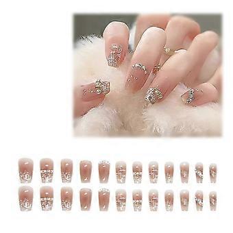 24pcs short press on nails fake nails coffin nails for women with butterfly design glitter nails a