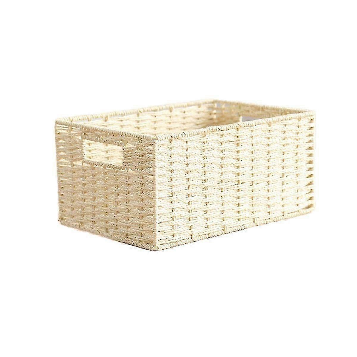 Woven Storage Basket Basket with Built-in Handle Paper Rope Basket Creamy-White