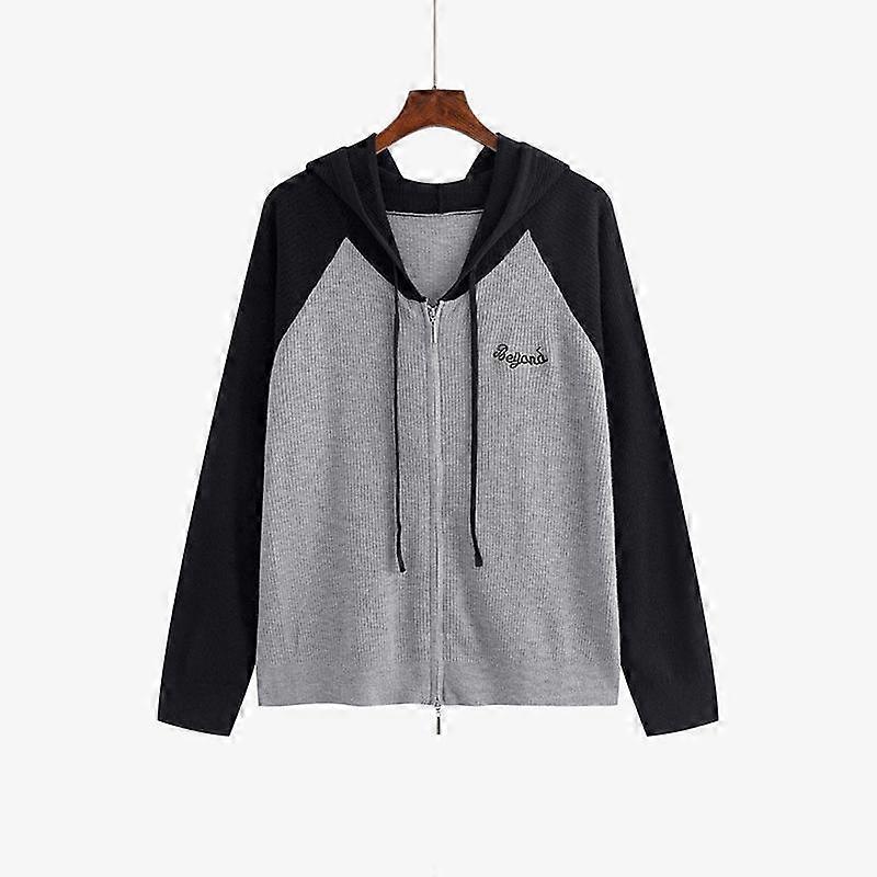 Spring and Autumn Women's Plus Size Color Collision Hooded Sweatshirt Loose Knitted Cardigan Long Sleeve Jacket