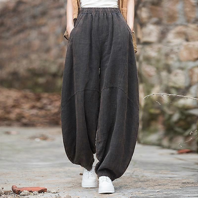Johnature Women Vintage Ramie Wide Leg Pants Solid Color Elastic Waist Trouser Spring Patchwork Loose Women Pants