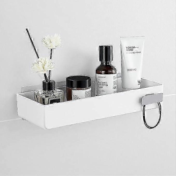 White Adhesive Bathroom Shelf for Shower, No-Drill Floating Plastic Tile Storage Shelf