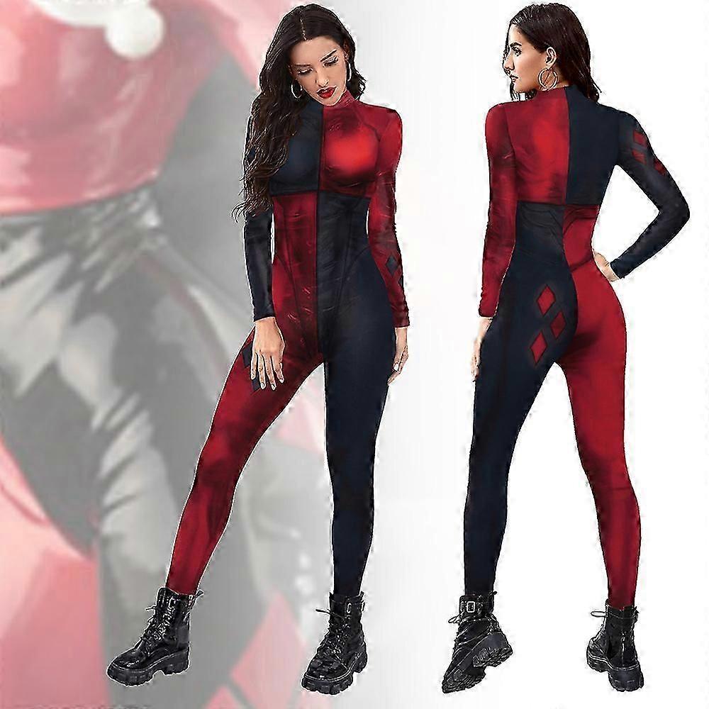女性ハーレークインハロウィンパーティーコスプレコスチュームジャンプスーツ弾性ボディスーツvxz