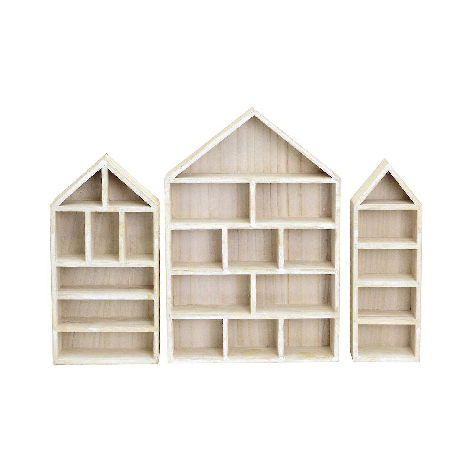 Set of 3 Wooden House Shape Wall Mounted Display Shelves for Mini Figures Collections Dustproof Storage Cabinets Log color