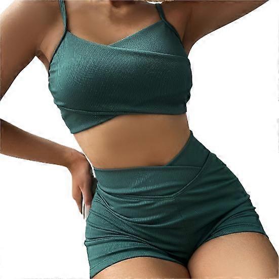 Ribbed Spaghetti Straps Bikini Set Two Pieces Cross Wrap Bra High Waist