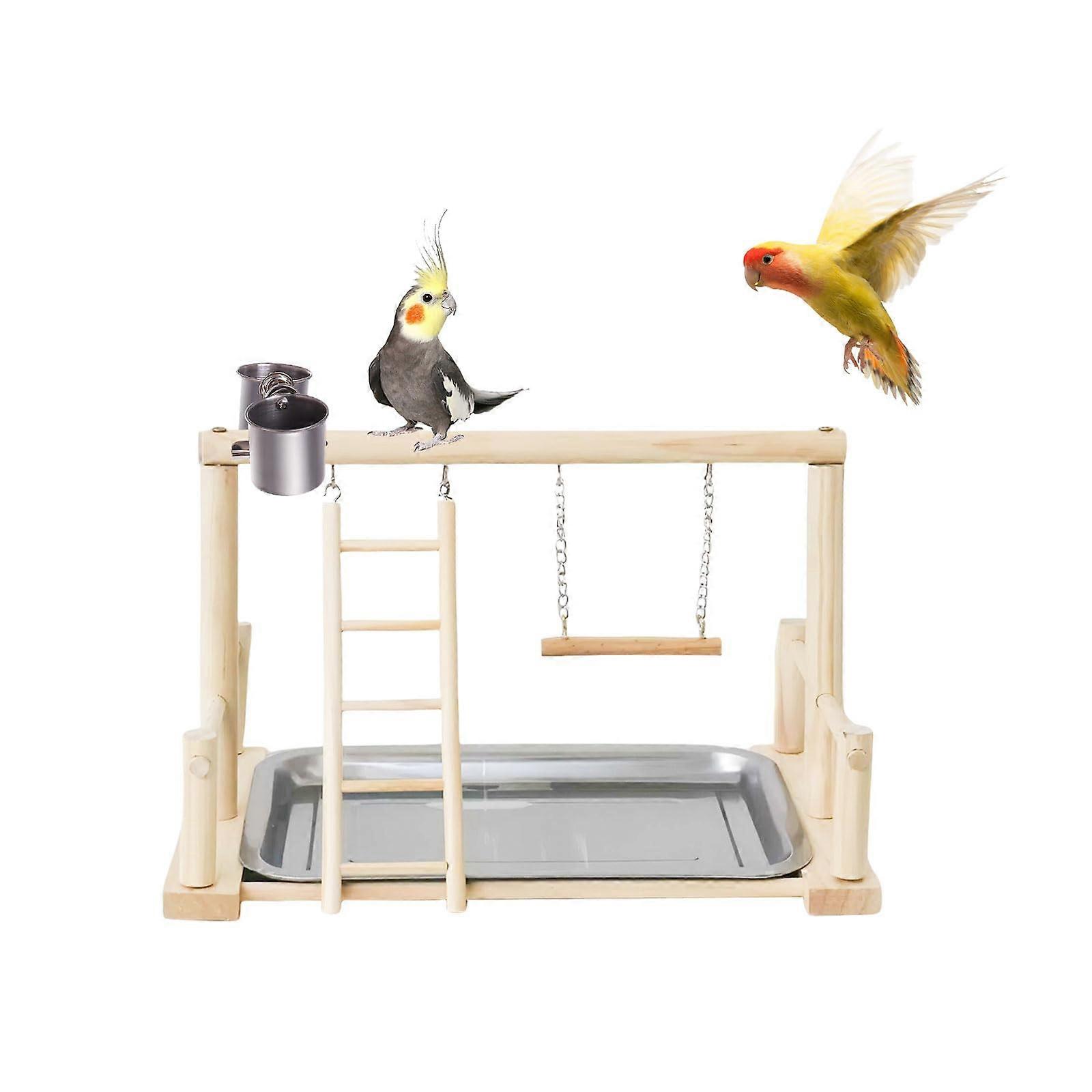 Wooden Budgies Playground with 2 Feeder Cups, Ladder, Tray, Perch for Parrots
