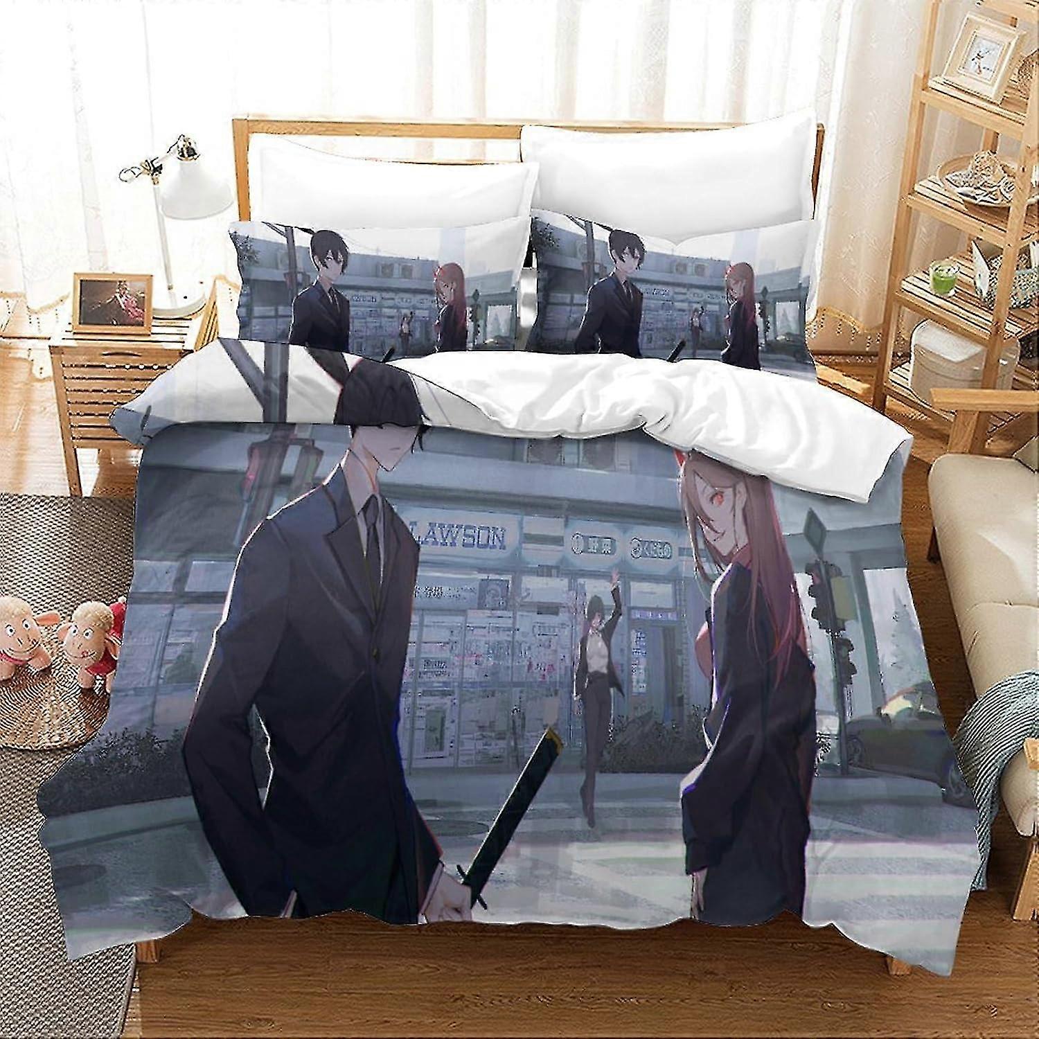 Chainsaw Man Inspired Duvet Cover Set 3D Animation Printed Bedding 3 Piece Microfibre Soft Bedding with Zip Closure