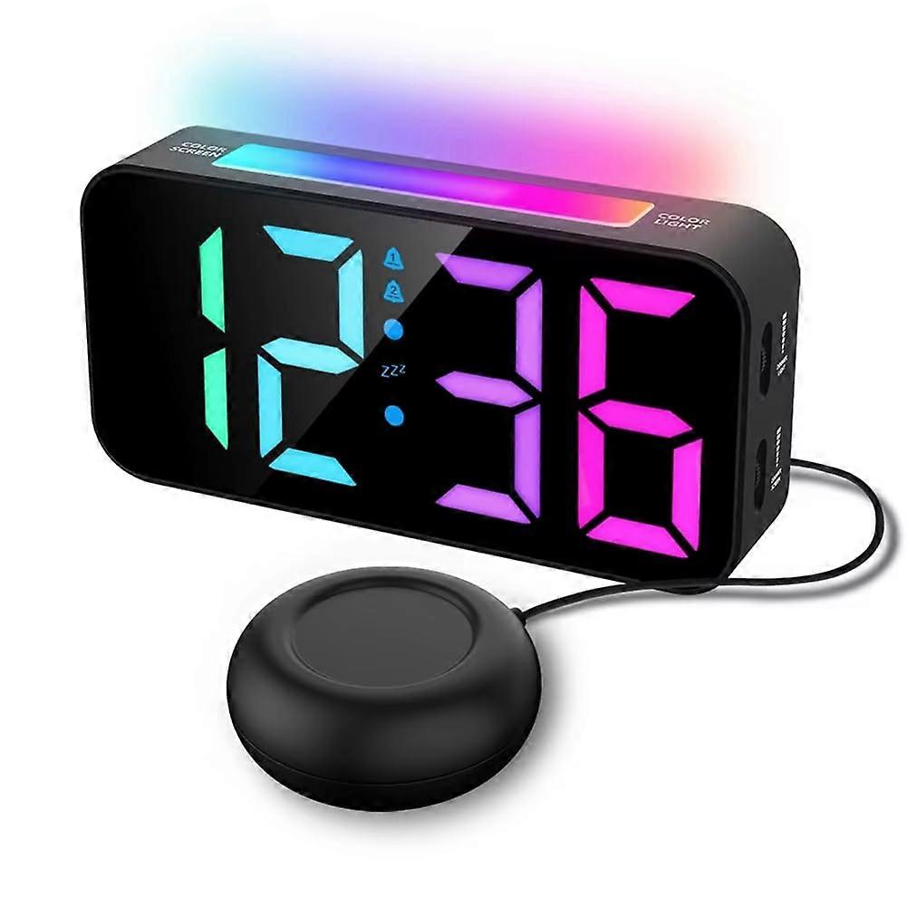 Digital RGB Alarm Clock with Strong Vibrations, Snooze Function, 2 Alarms, USB Powered Mood Light for Deep Sleepers