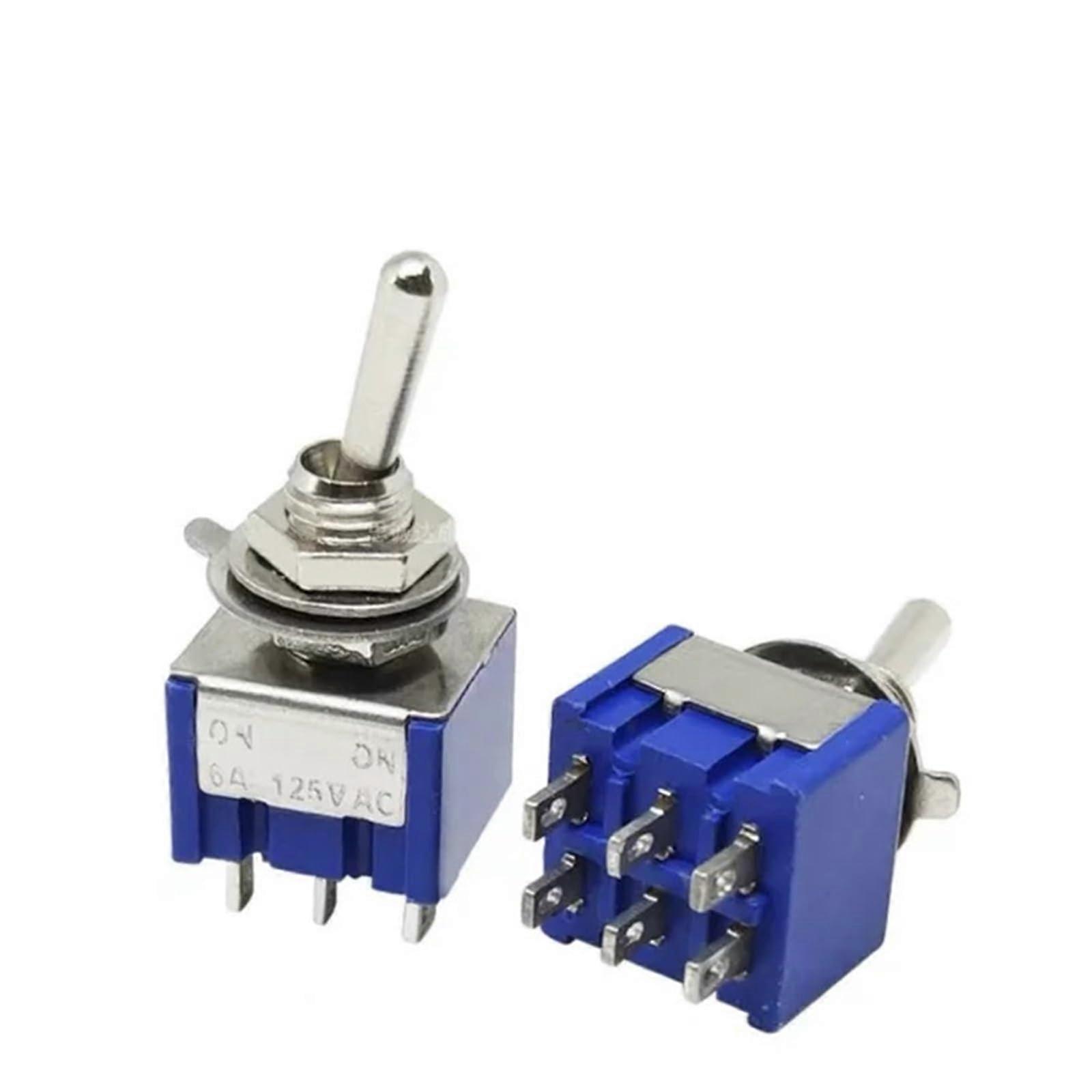 5Pcs Miniature Lever Toggle Switch Single Pole Double Throw ONOffON/ONON 120VAC 6A 1/4 Inch Mounting MTS102 103 202 203 (6Pin ONON Blue)
