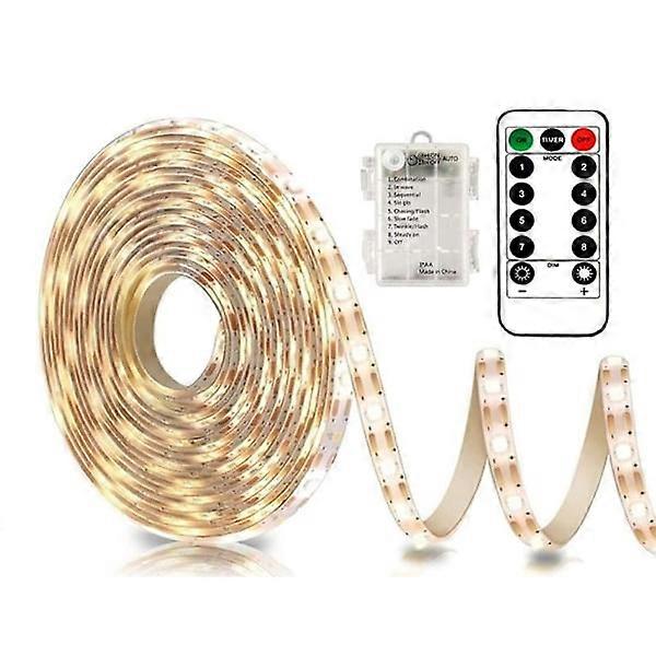 3m battery-powered LED strip lights with remote, 90 LEDs, waterproof, 8 modes, dimmable, timer, self-adhesive, cuttable (warm white)