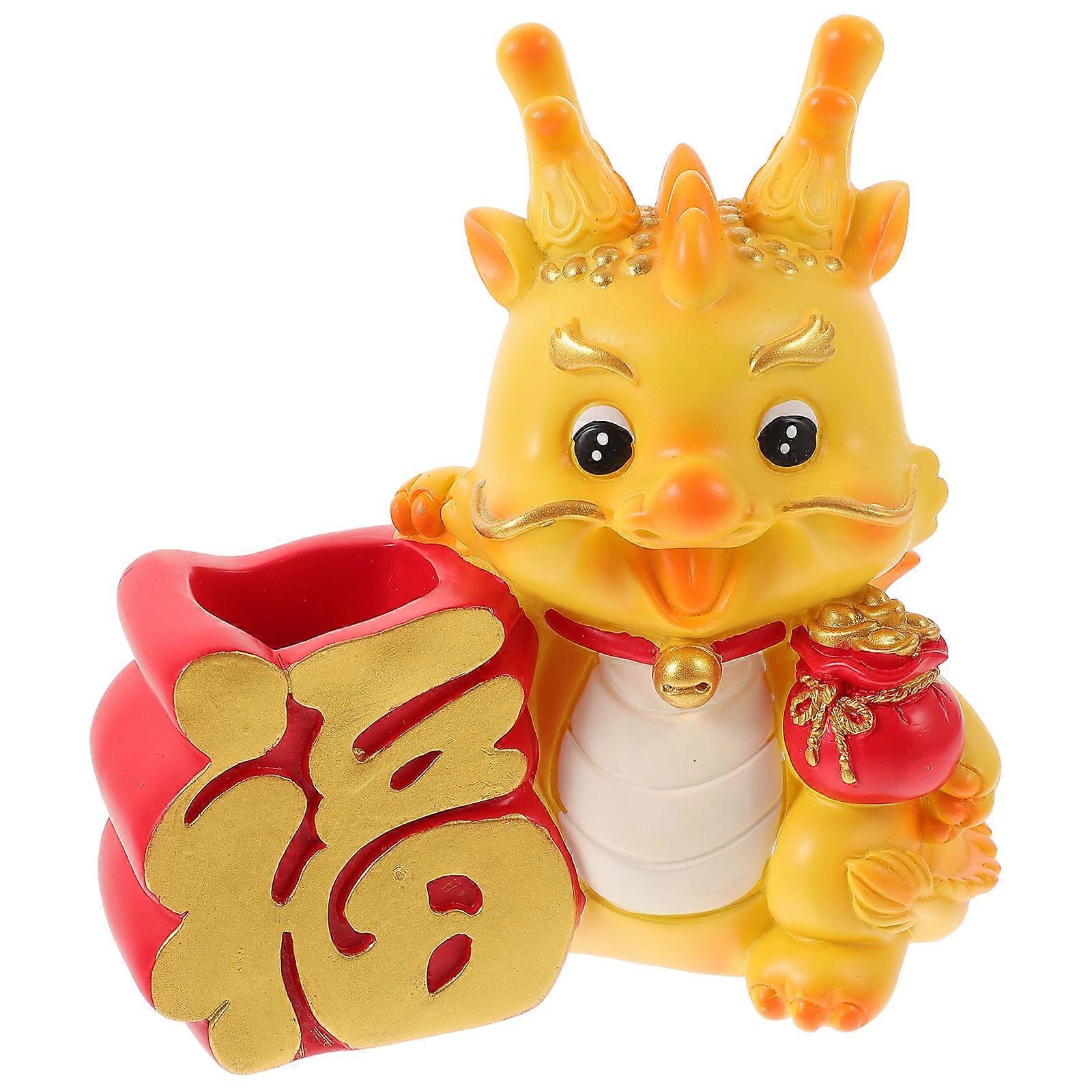 Dragon Themed Pen Holder Resin Desk Organizer For Adults 12X7X13CM Yellow Storage 1Piece