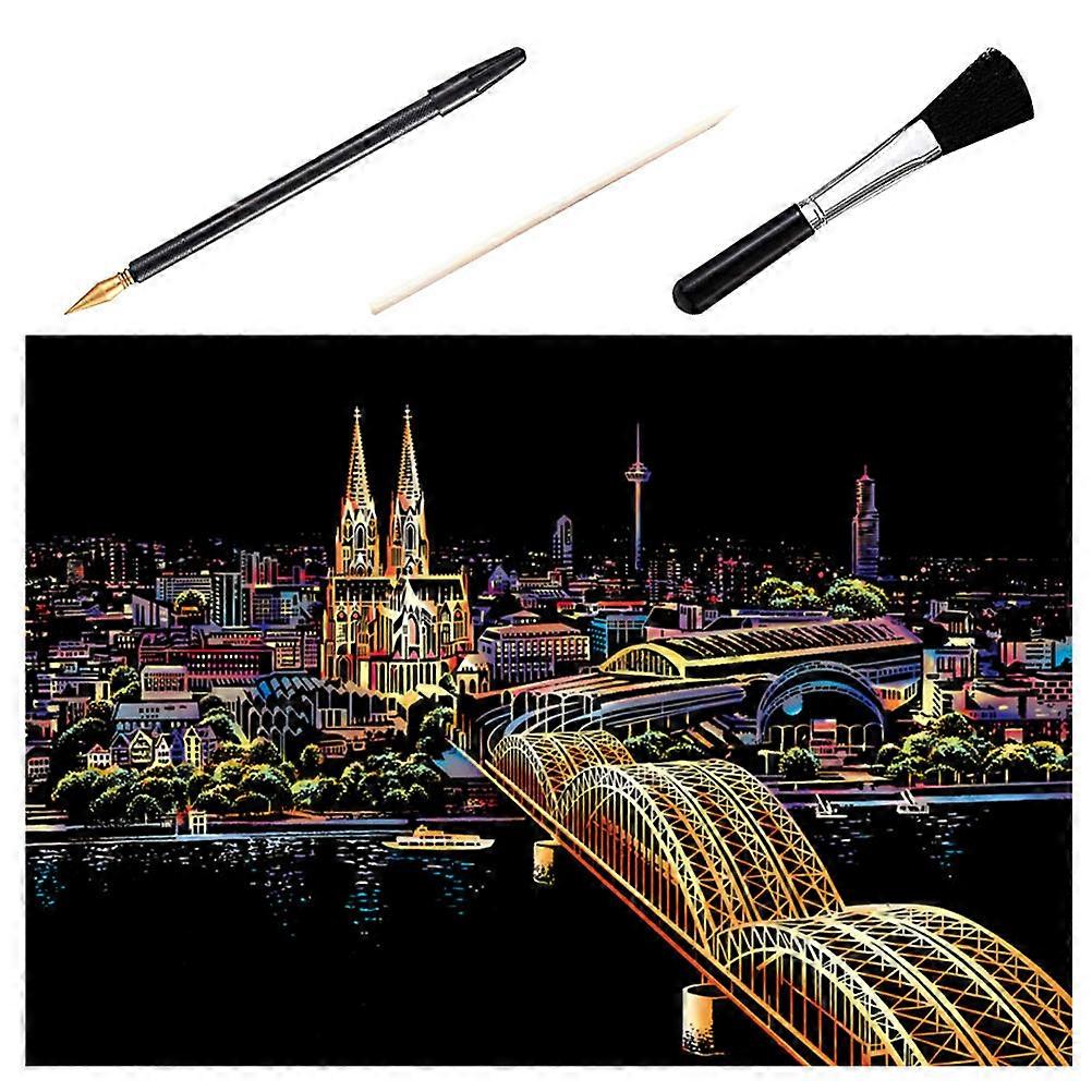 Night Scene Scratch Picture Bamboo Set for DIY Use 1Set Cologne Cathedral