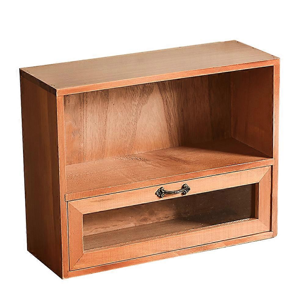 Retro Wooden Desktop Organizer with Drawer – Multi Functional Cosmetic Cabinet for Bedroom, Office & Living Storage – Stylish Makeup Box for Jewelry