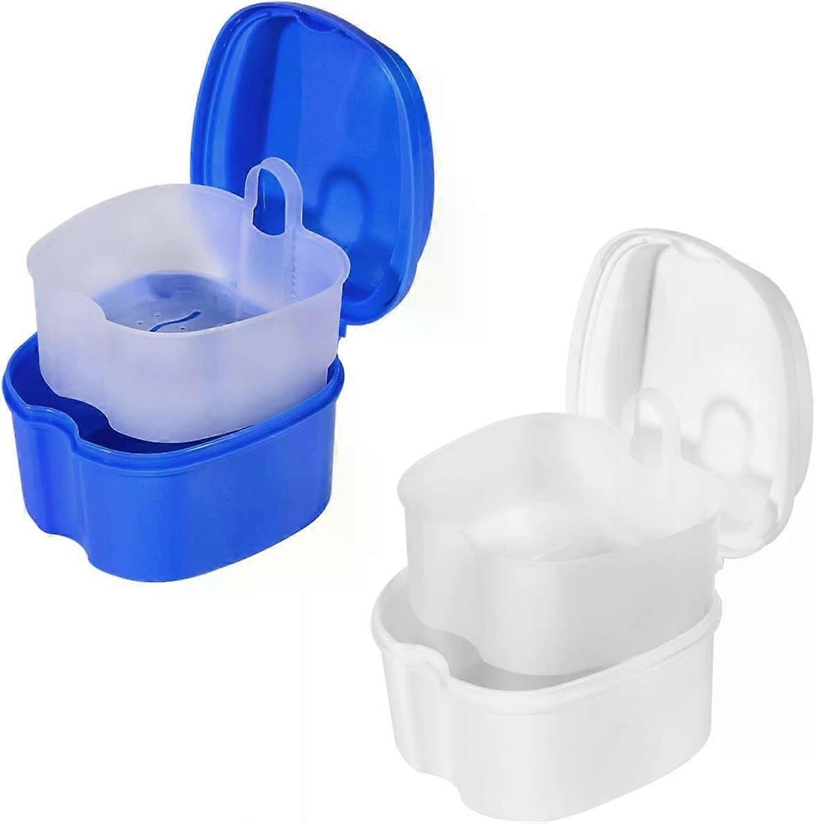 Denture Bath Case, 2 Pack Colored with Strainer Storage Container for Dentures