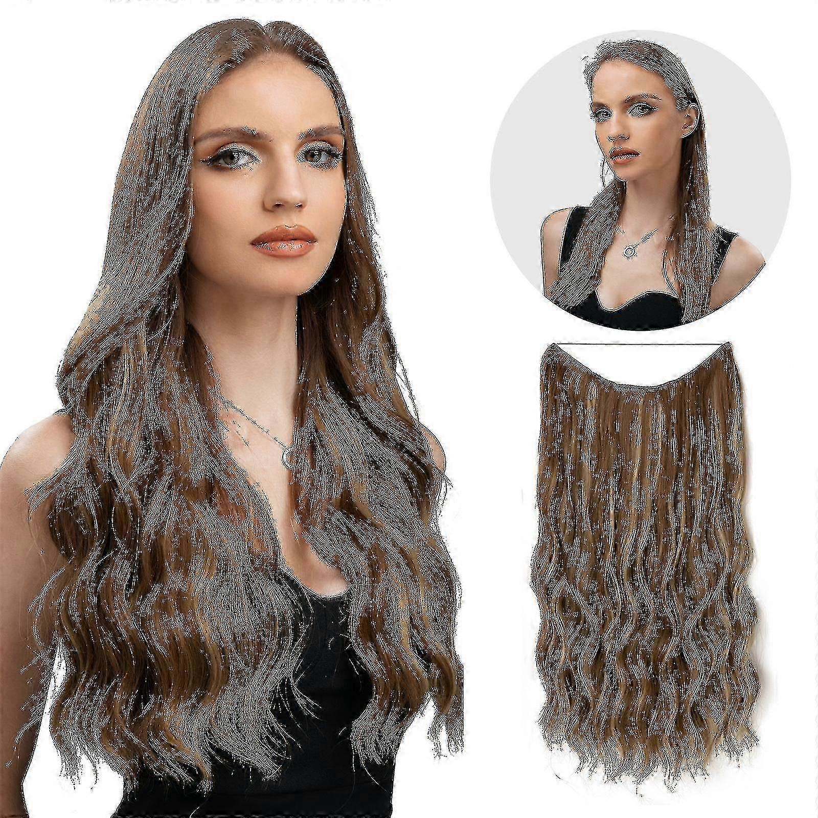 Halo Hair Extensions Invisible Wire Wavy Curly Long Synthetic Hairpieces For Women Adjustable Headband-yky