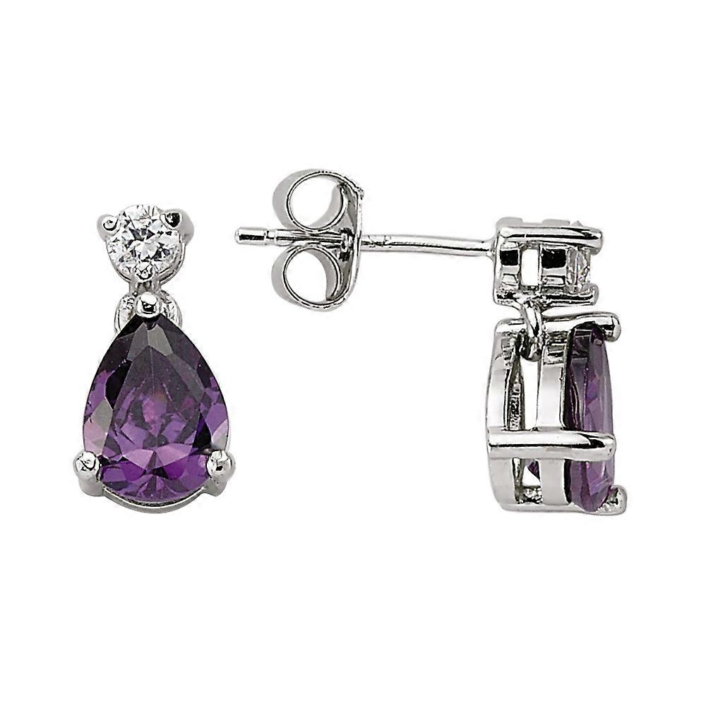 Jewelco London Sterling Silver Purple Pear Cubic Zirconia Tears of Joy Toi et Moi Drop Earrings