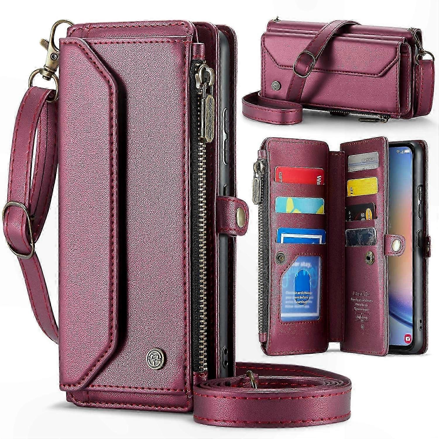 Leather Phone Case with Zipper, Card Slots and Strap for Galaxy A34 5G
