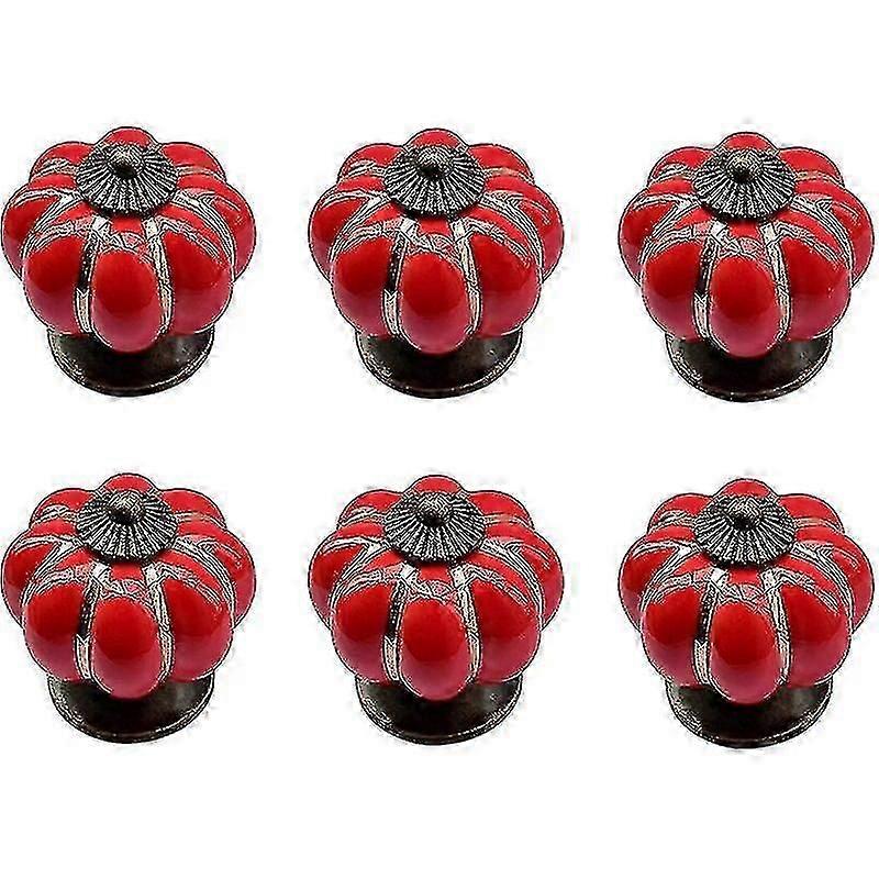 6 Pieces Red Ceramic Door Knobs, Pumpkin Door Knobs, Pumpkin Shape Knob, With Screws, For Office