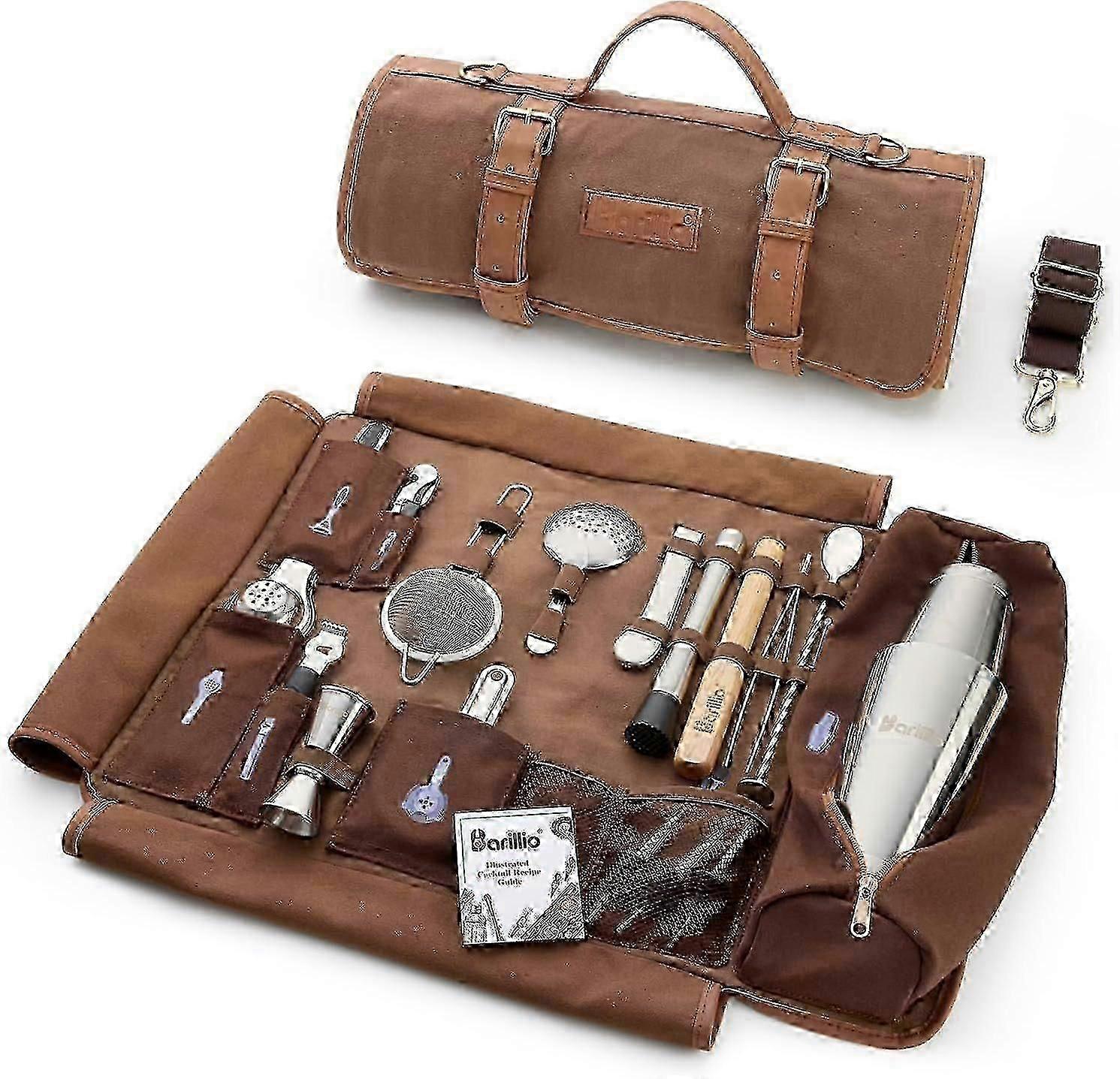 Bartender Kit Bag With Cocktail Shaker Set - Waxed Canvas Travel Bar Tools Bag 17-piece Mixology Kit - Mobile Bartending Kits