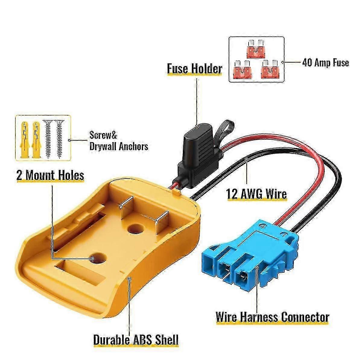 Power Wheels Adapter for 20V Battery with Wire Harness Connector for Peg-Perego, 12AWG Wire with 40A Fuse-Good