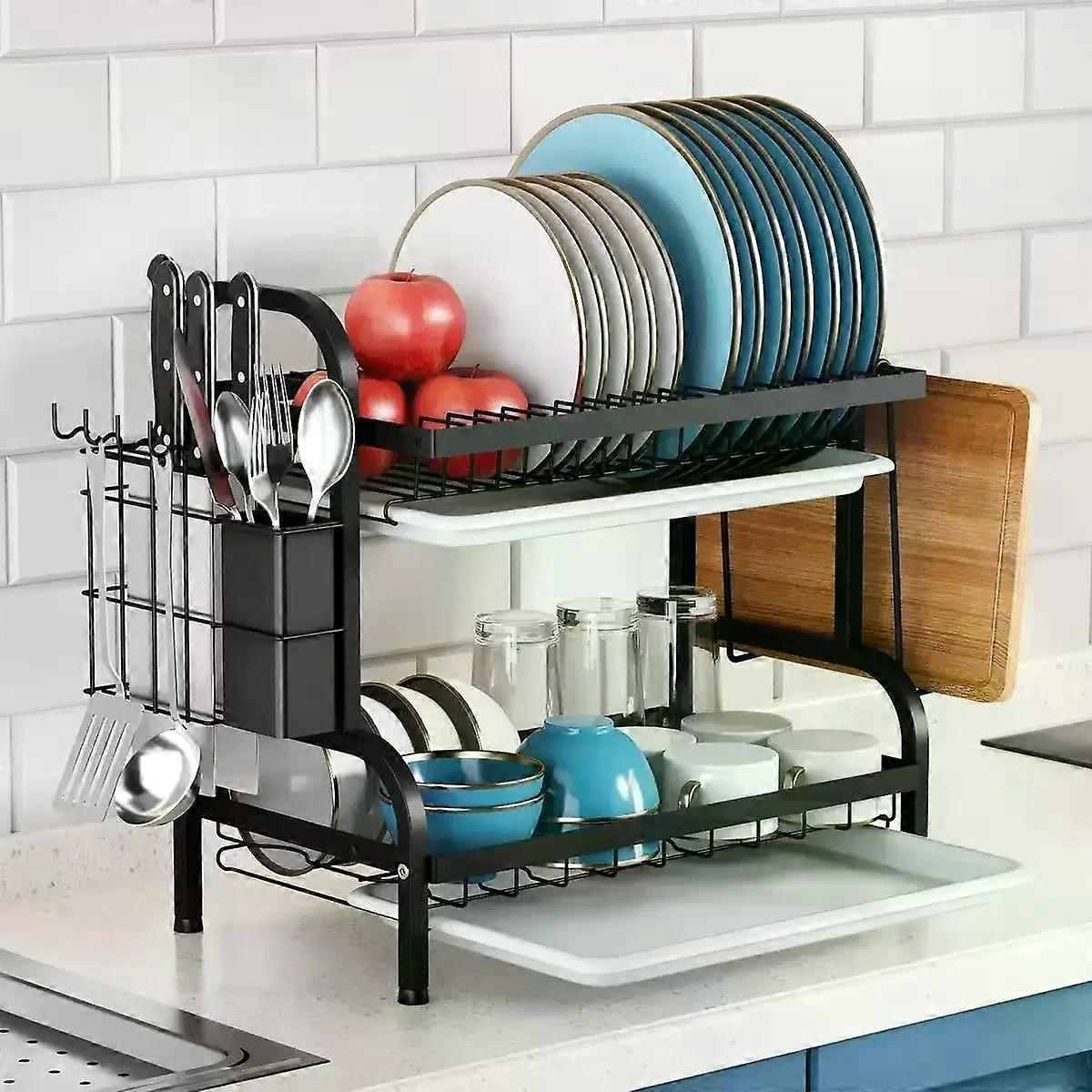 Νέο 2-επιπέδων ανοξείδωτο ατσάλινο στραγγιστήρι πιάτων πάγκου κουζίνας με βάση για σκεύη, συμπαγής και ανθεκτικός στη σκουριά οργανωτής αποθήκευσης