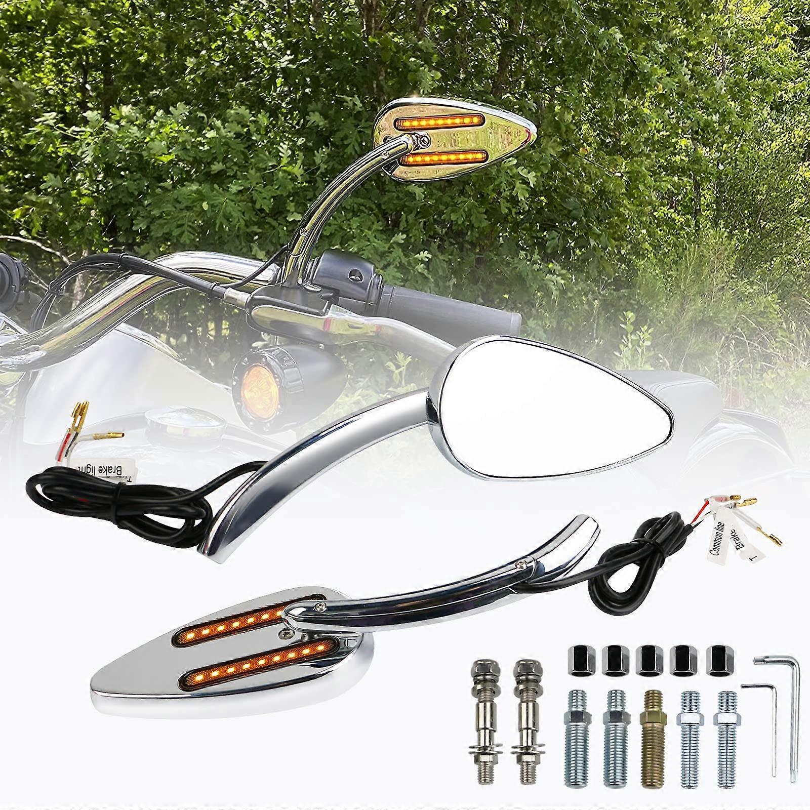 Motorcycle LED Turn Signal Mirrors Chrome Teardrop for Harley Davidson Enhanced Night Visibility