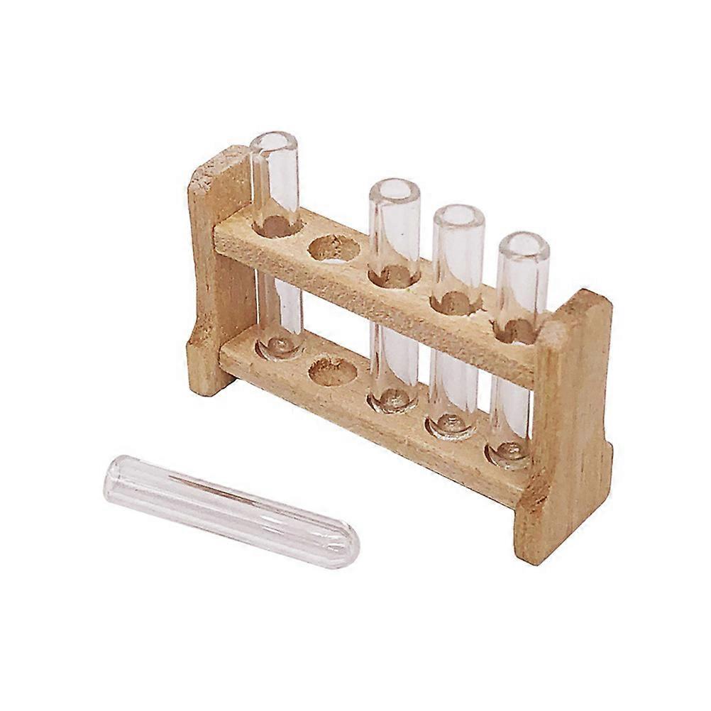 1 مجموعة مصغرة لعبة البيت أنابيب اختبار البلاستيك مع معدات مختبر رف خشبي