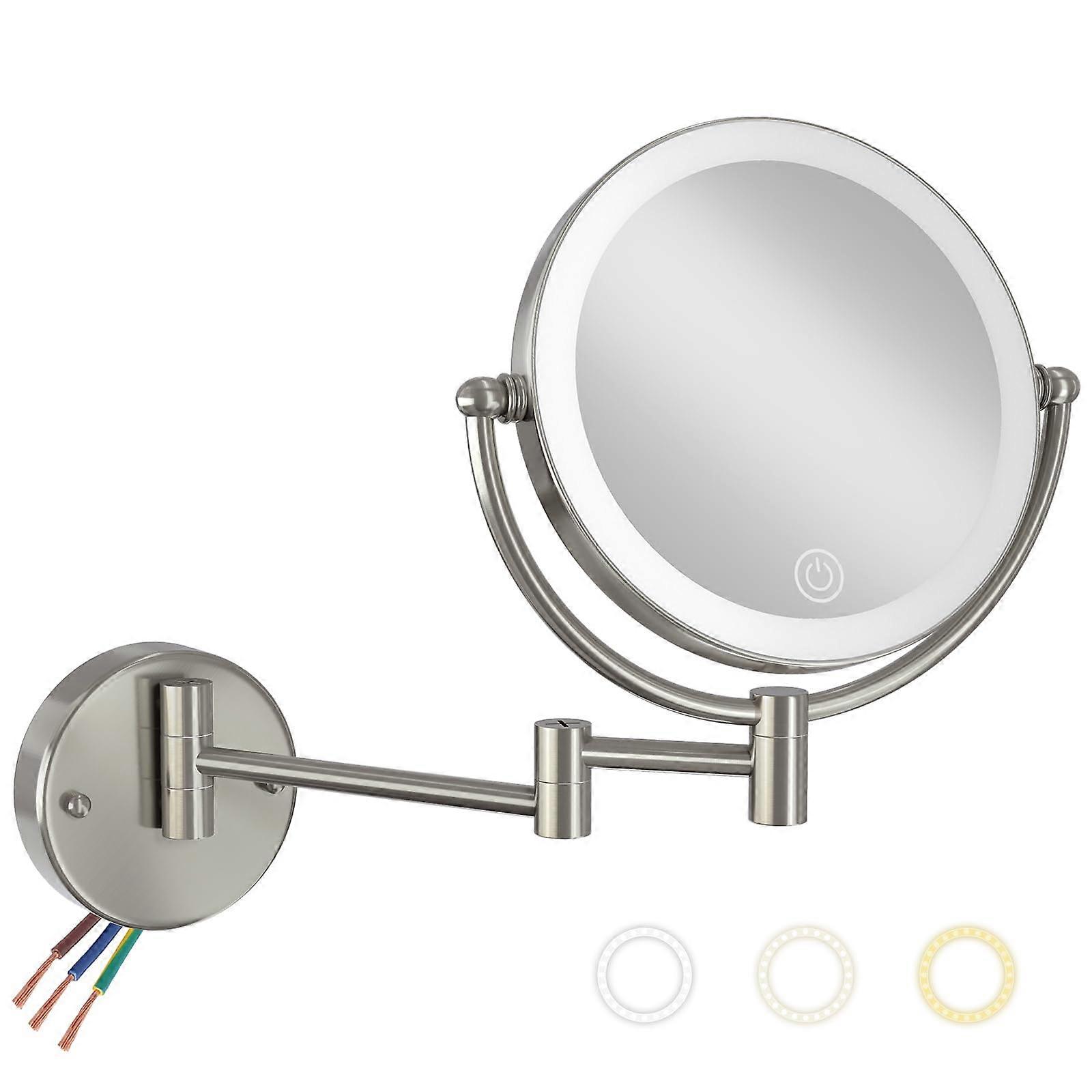 Lighted Makeup Mirror Wall Mounted 8 Inch Double Sided 1X/10X, 3 Color LED, Touch Dimming, Hardwired, Brushed Nickel