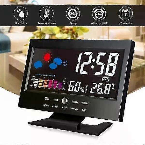 Digital Clock Thermometer Hygrometer Weather Station Alarm Clock Temperature Gauge Colorful LCD Calendar Voice-activated
