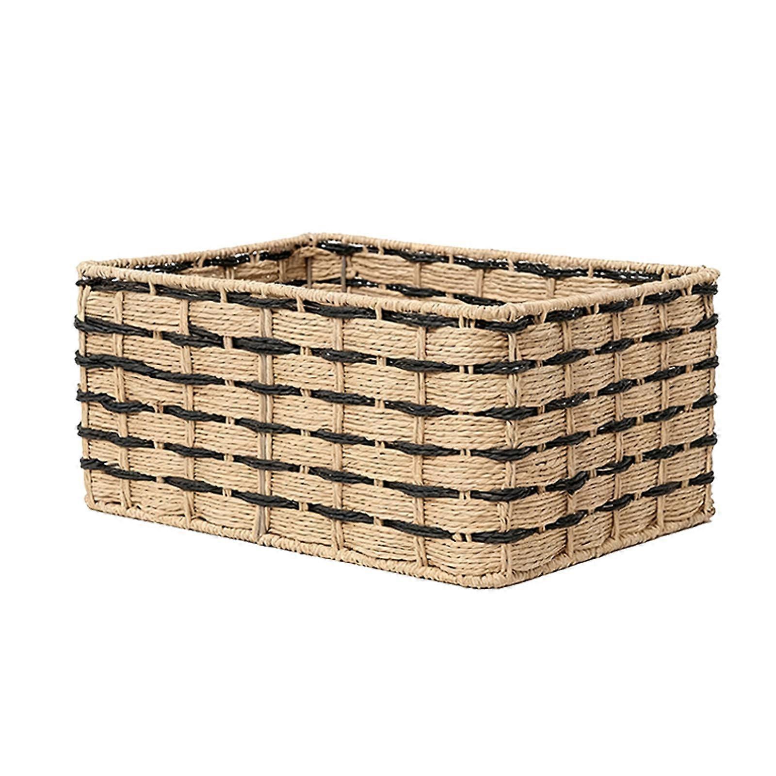 Large Black and Khaki Woven Paper Rope Storage Basket with Iron Frame, Rectangular Bin for Home Organization