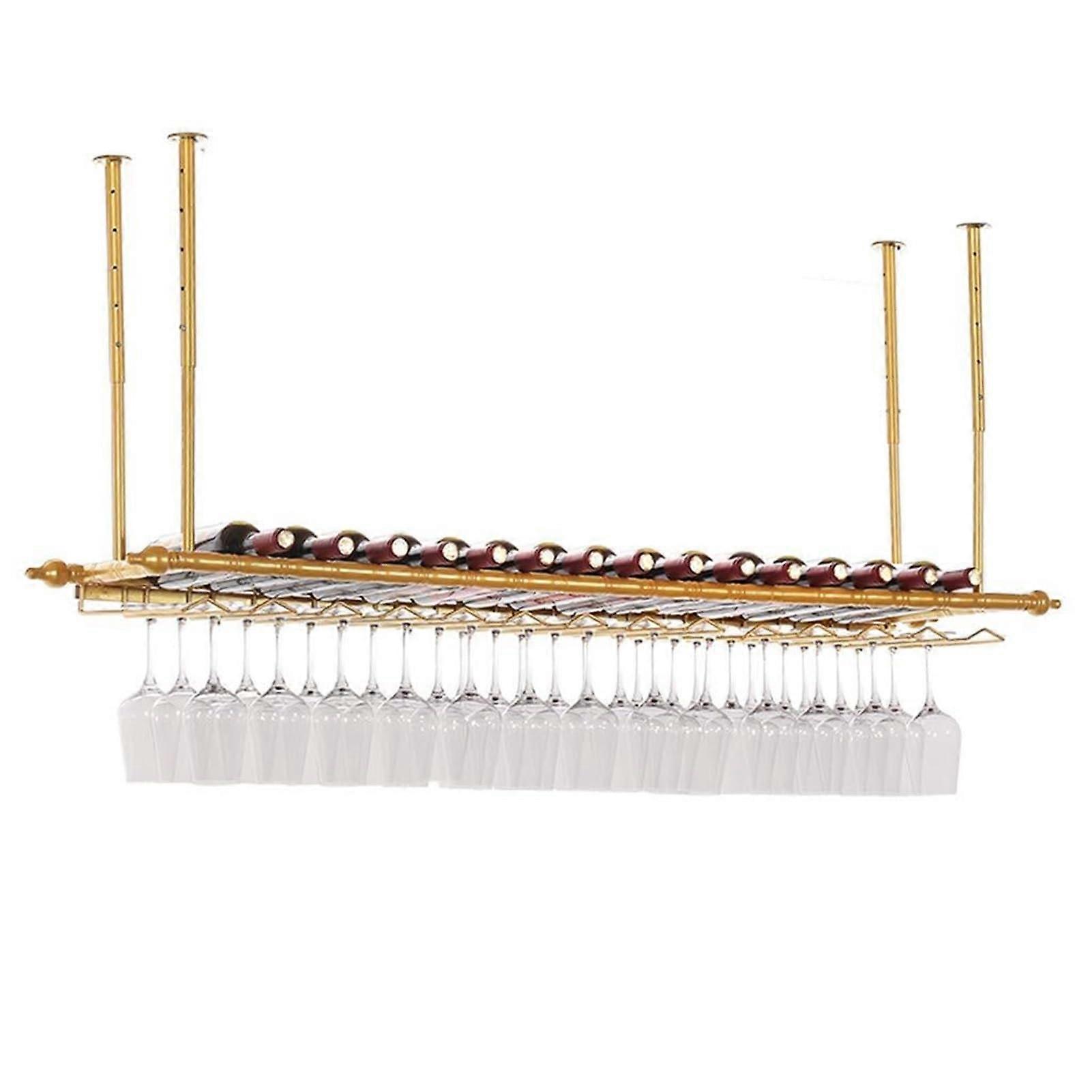 Adjustable Ceiling Mounted Wine Glass Rack with Bottle Holder, Metal Overhead Stemware Storage 150x35cm