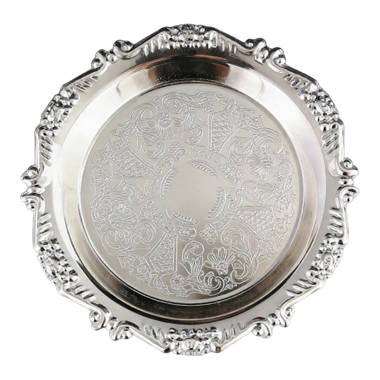 Retro Style Embossed Iron Tray Suitable as Cake Display or Snacks Servers Feature Durable Construction Serving Tray  Silver