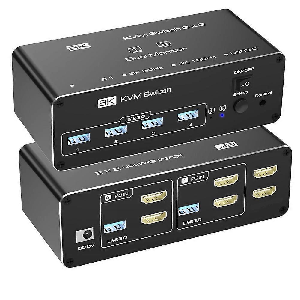 KVM Switch 2 Monitors 2 Computers, HDMI-Compatible KVM, USB 3.0 Switch for 2 PC Share 2 Screens, Support Extended Mode