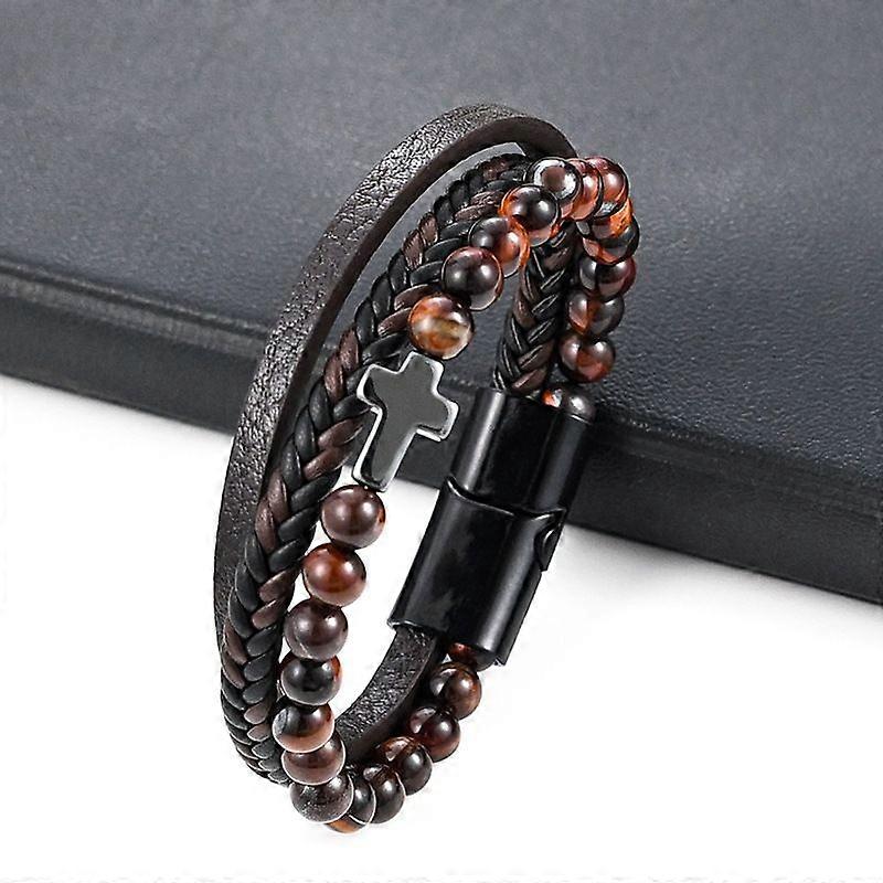 Pulseira de couro com elos cruzados e contas de olho de tigre, 21 cm (8-1/4 polegadas)